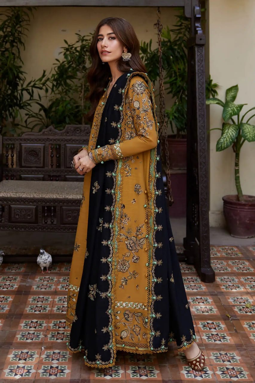 Unstitched 3 Piece Fully Embroidered Dhanak Fabric With Embroidered Dhanak Shawl