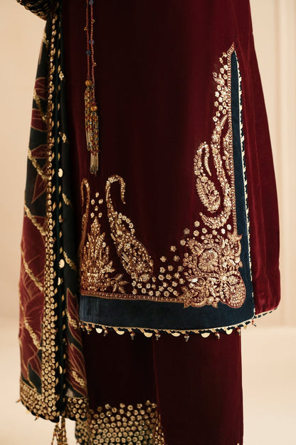 Unstitched 3 Piece Fully Embroidered Velvet Suit with Embroidered Organza Dupatta