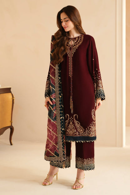 Unstitched 3 Piece Fully Embroidered Velvet Suit with Embroidered Organza Dupatta