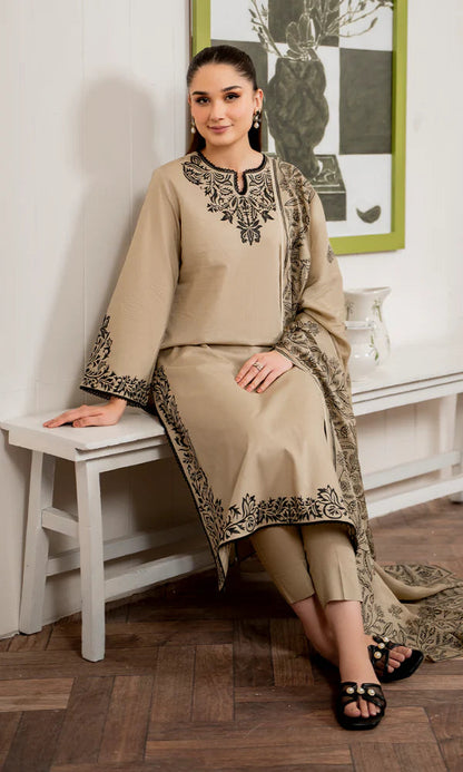 Unstitched 3 Piece Embroidered Dhanak Suit with Embroidered Dhanak Shawl
