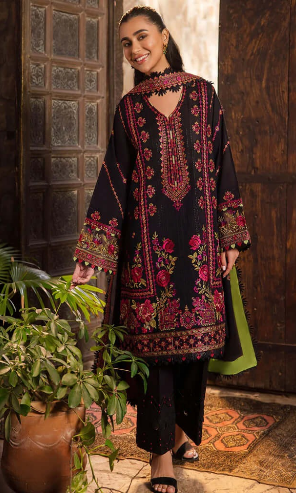3 Piece Unstitched Heavy Embroidered Dhanak Suit with Heavy Embroidered Dhanak Wool Shawl - Motif