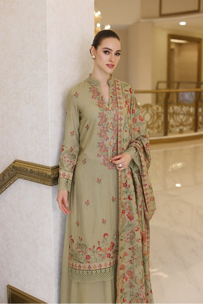 3 Piece Unstitched Heavy Embroidered Dhanak Suit with Heavy Embroidered Dhanak Wool Shawl - Motif