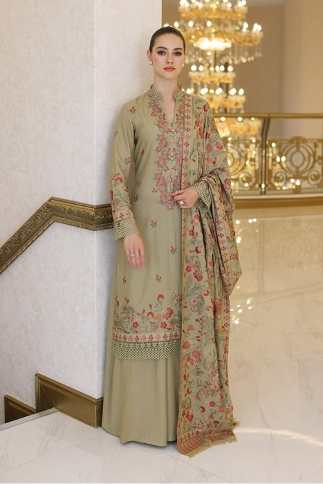 3 Piece Unstitched Heavy Embroidered Dhanak Suit with Heavy Embroidered Dhanak Wool Shawl - Motif