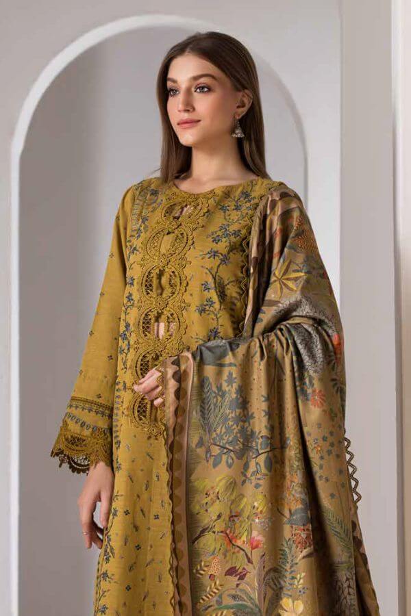 Unstitched 3 Piece Fully Embroided Dhanak suit With Printed Woolen Shawl