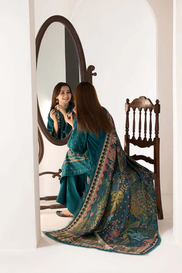 Unstitched Heavy Embroidered Dhanak Suit 3 Piece with Printed Woolen Shawl