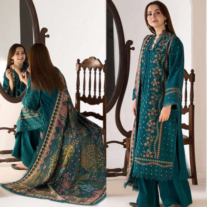 Unstitched Heavy Embroidered Dhanak Suit 3 Piece with Printed Woolen Shawl