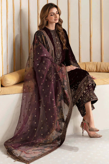 3 Piece Unstitched Heavy Embroidered Velvet Suit with Digital Printed Organza Dupatta - Motif