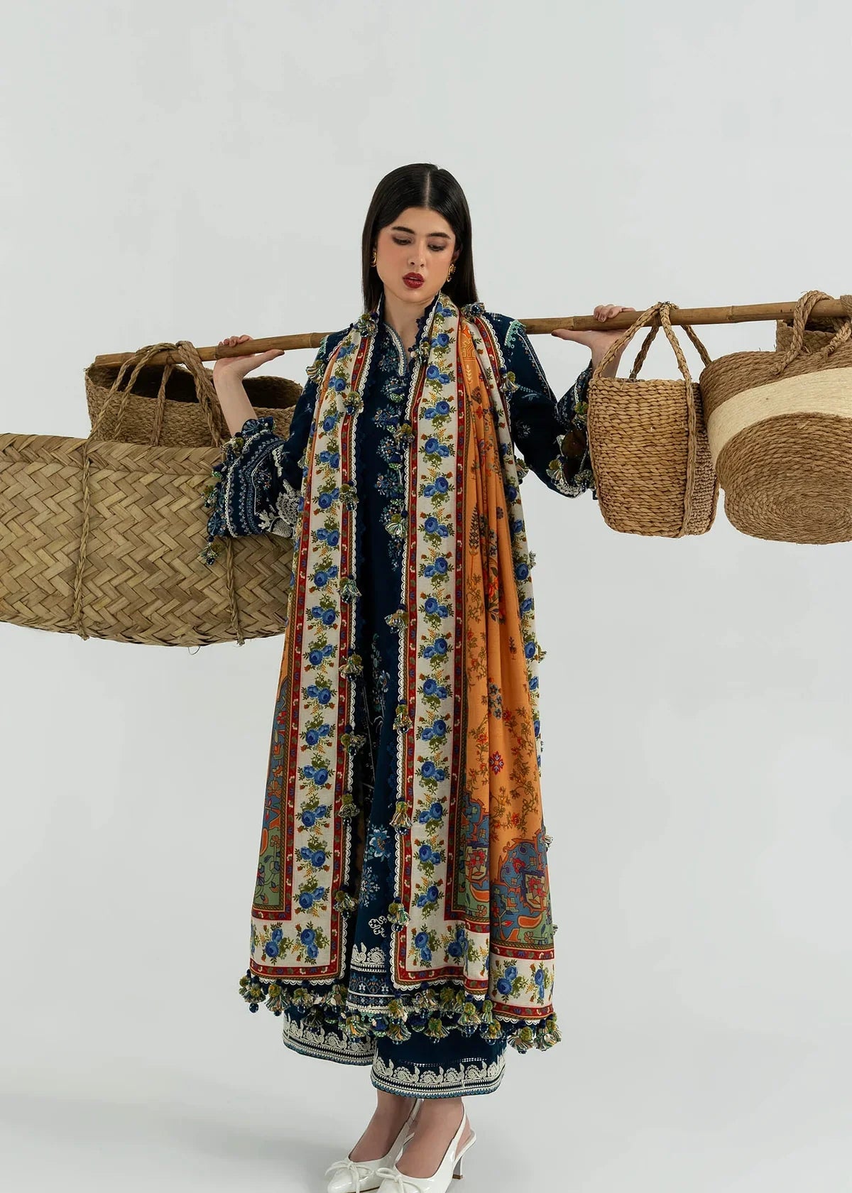 Unstitched 3 Piece Fully Embroidered Dhanak Suit With Printed Blended Shawl