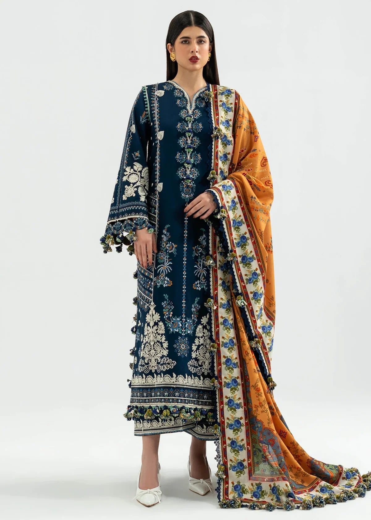 Unstitched 3 Piece Fully Embroidered Dhanak Suit With Printed Blended Shawl