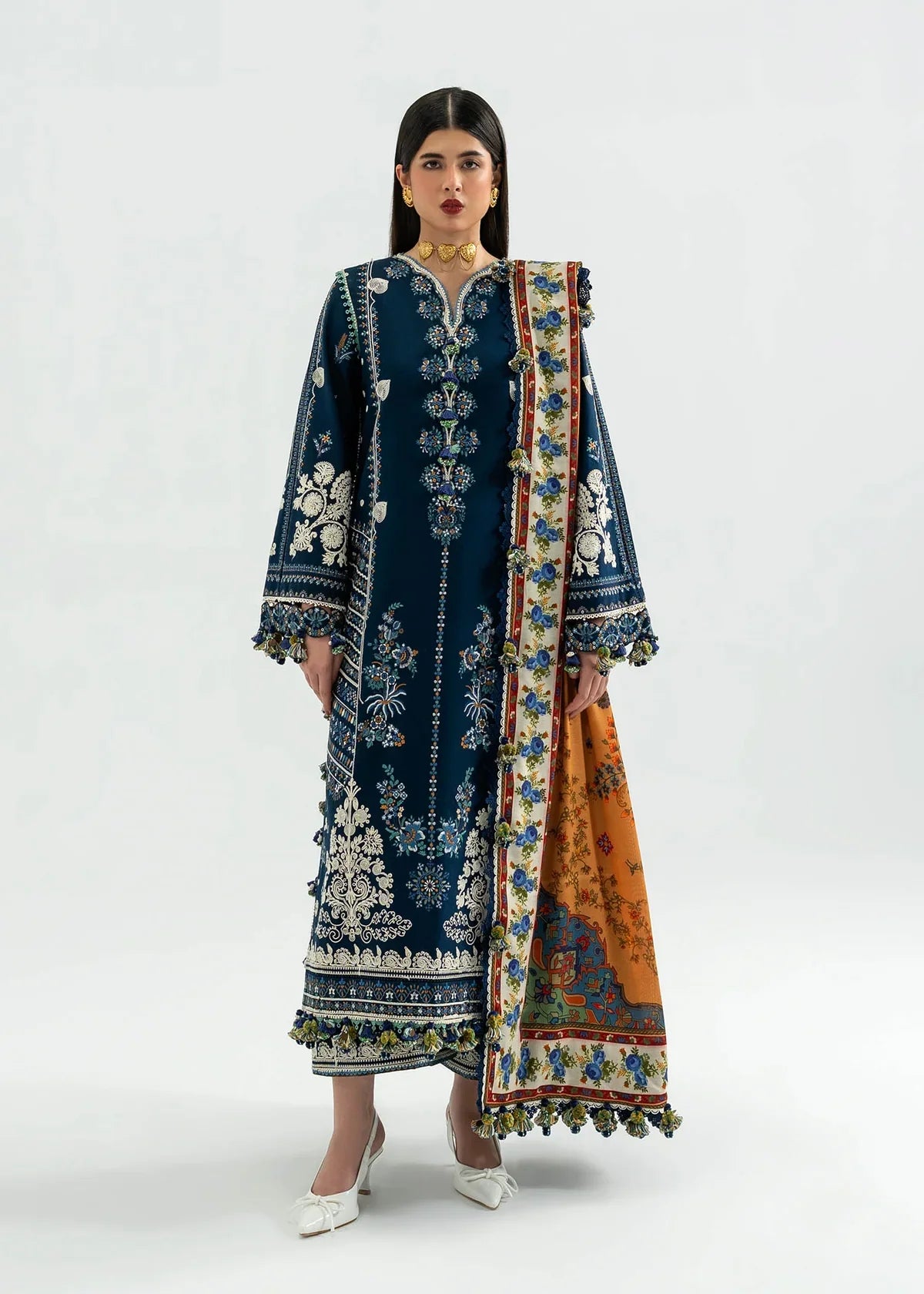 Unstitched 3 Piece Fully Embroidered Dhanak Suit With Printed Blended Shawl